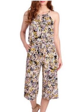 London Times Floral Halter Capri Jumpsuit in Black floral print size 4 NWOT